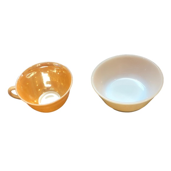 FIRE KING Anchor Hocking Cup & Bowl Peach Lustre EUC Ware Glass Block Letters - Picture 9 of 10